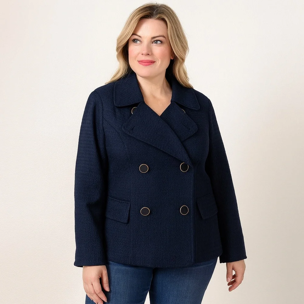 Talbots Navy Blue 100% Cotton Waffle Weave Classic Double-Breasted Jacket - Picture 1 of 11